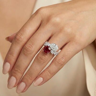 Luxurious Ruby & White Oval Cut Sterling Silver Engagement Ring