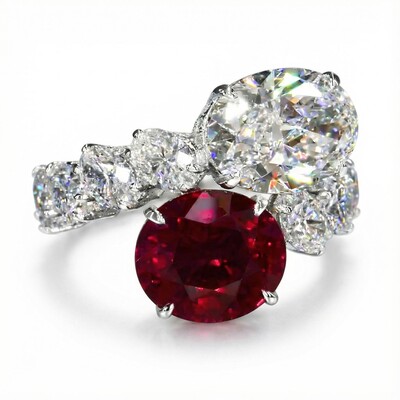 Luxurious Ruby & White Oval Cut Sterling Silver Engagement Ring