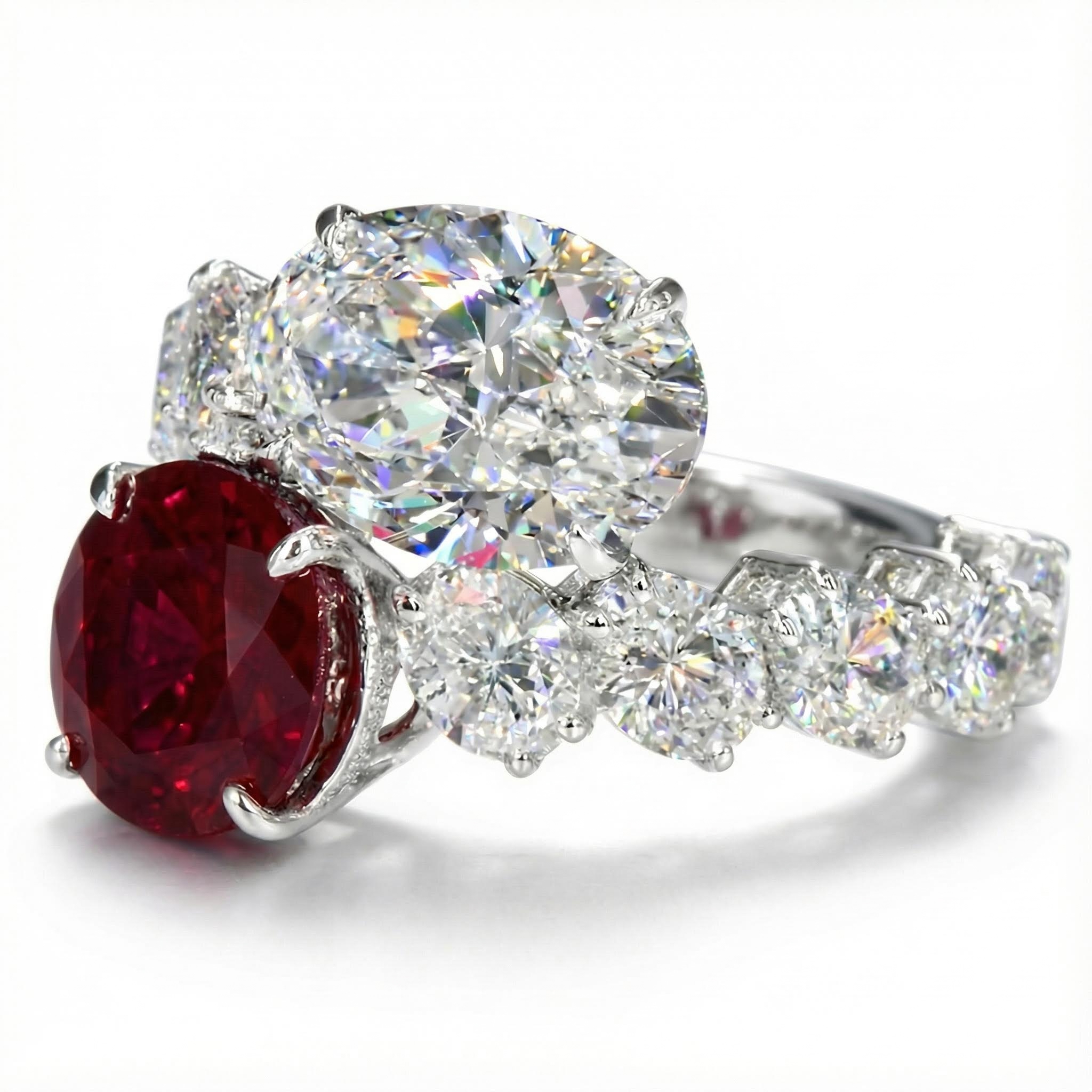 Luxurious Ruby & White Oval Cut Sterling Silver Engagement Ring