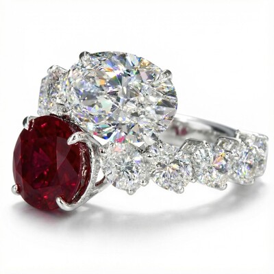 Luxurious Ruby & White Oval Cut Sterling Silver Engagement Ring