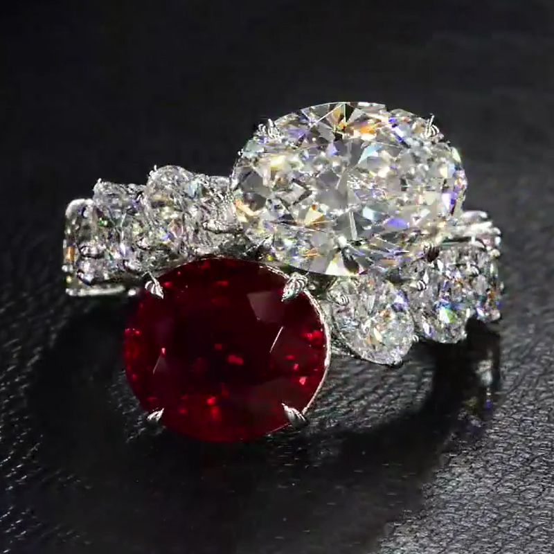 Luxurious Ruby & White Oval Cut Sterling Silver Engagement Ring