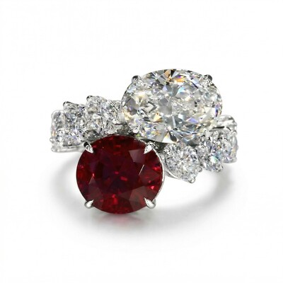 Luxurious Ruby & White Oval Cut Sterling Silver Engagement Ring