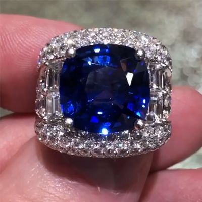 Opulent Iced Sapphire Cushion Cut Sterling Sliver Engagement Ring
