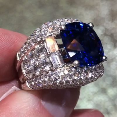 Opulent Iced Sapphire Cushion Cut Sterling Silver Engagement Ring