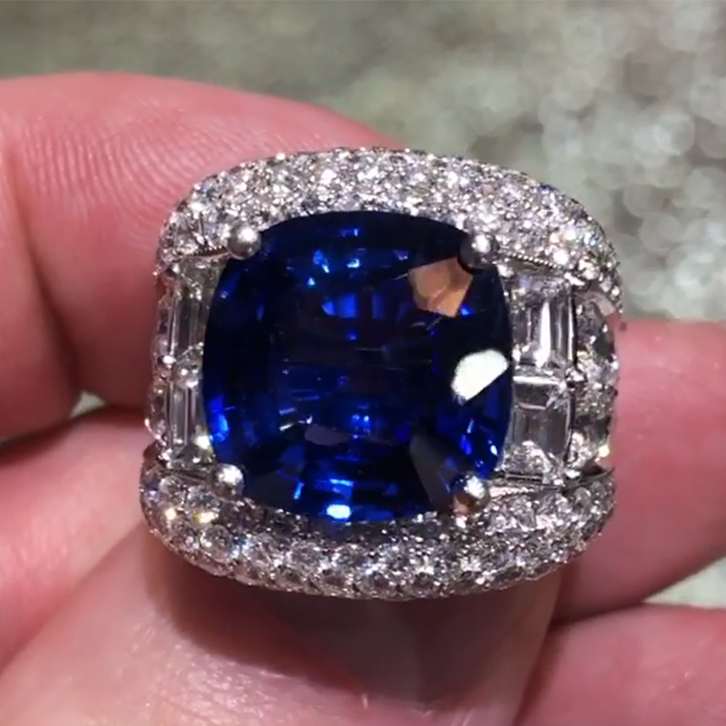 Opulent Iced Sapphire Cushion Cut Sterling Silver Engagement Ring