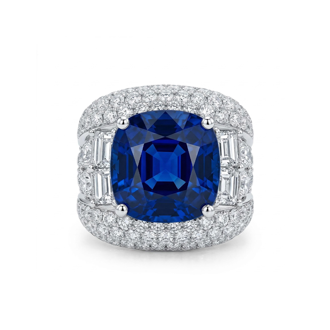 Opulent Iced Sapphire Cushion Cut Sterling Silver Engagement Ring