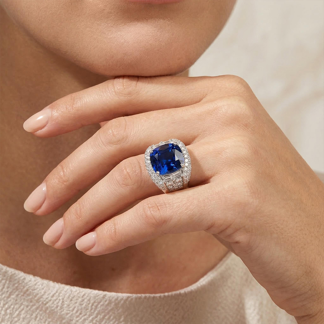 Opulent Iced Sapphire Cushion Cut Sterling Silver Engagement Ring