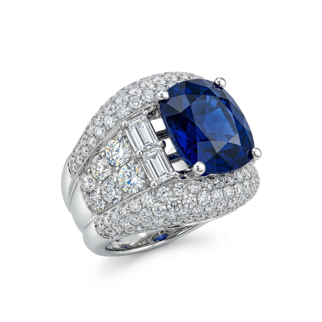 Opulent Iced Sapphire Cushion Cut Sterling Silver Engagement Ring