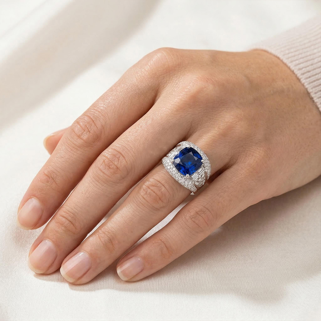 Opulent Iced Sapphire Cushion Cut Sterling Silver Engagement Ring