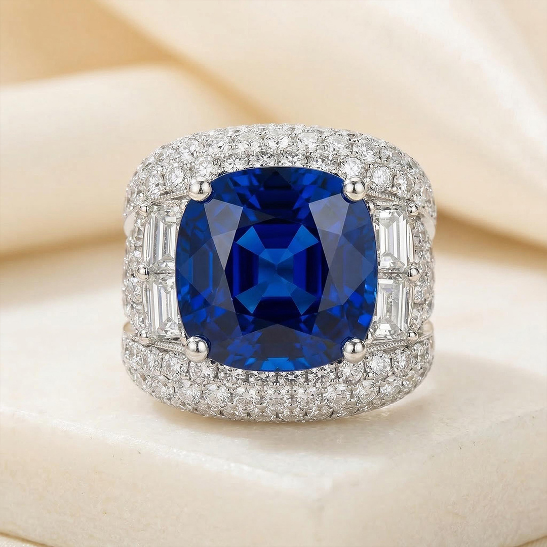Opulent Iced Sapphire Cushion Cut Sterling Silver Engagement Ring