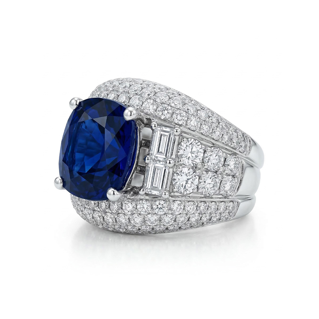 Opulent Iced Sapphire Cushion Cut Sterling Silver Engagement Ring