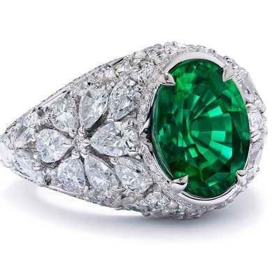 Emerald Oval Cut & White Pear Cut Engagement Ring in Sterling Silver