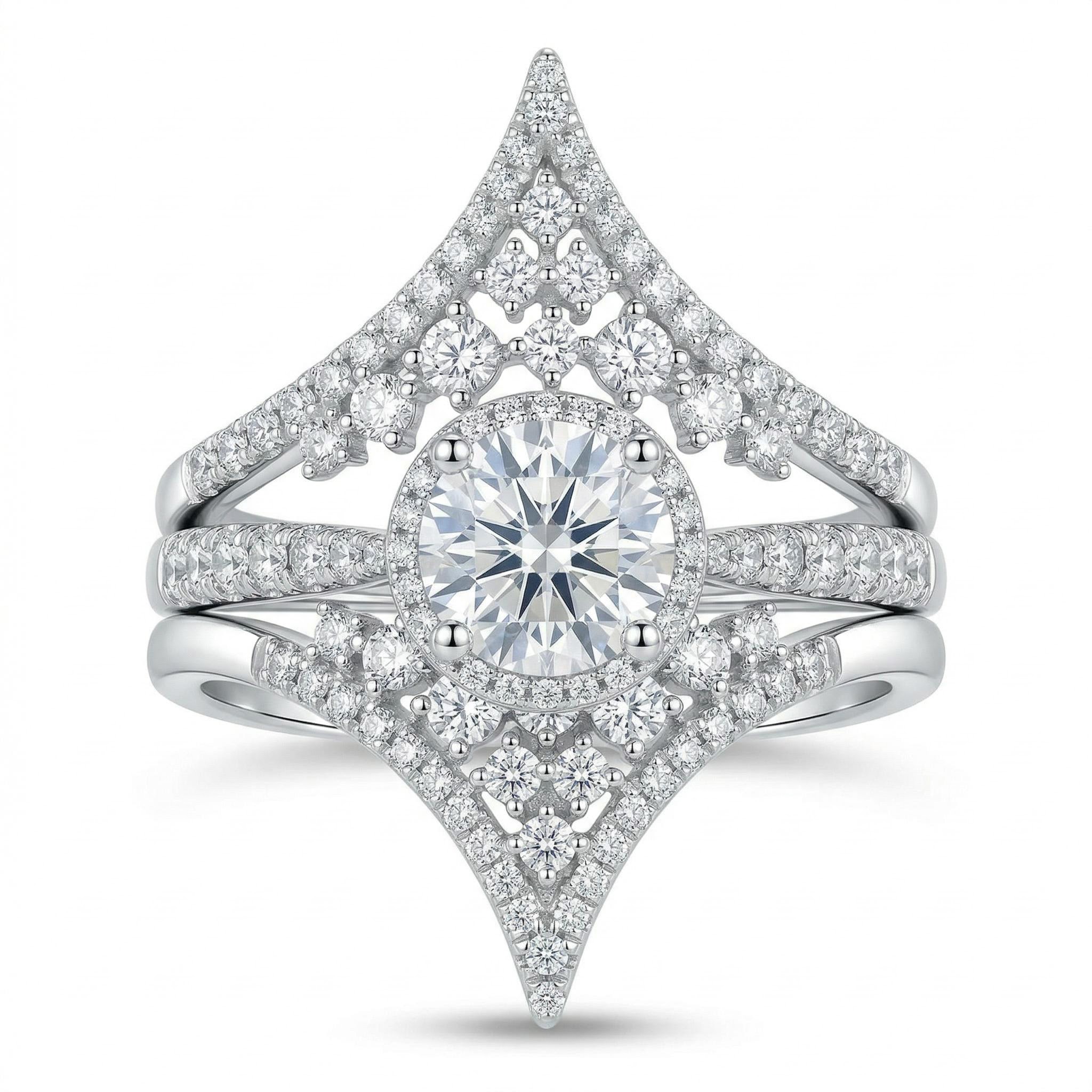 Chic V-Shape Wrapped Round Cut Halo Ring Set in Sterling Silver