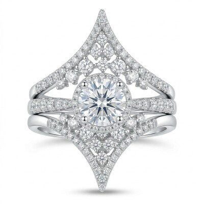 Chic V-Shape Wrapped Round Cut Halo Ring Set in Sterling Silver