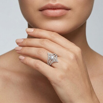 Chic V-Shape Wrapped Round Cut Halo Ring Set in Sterling Silver