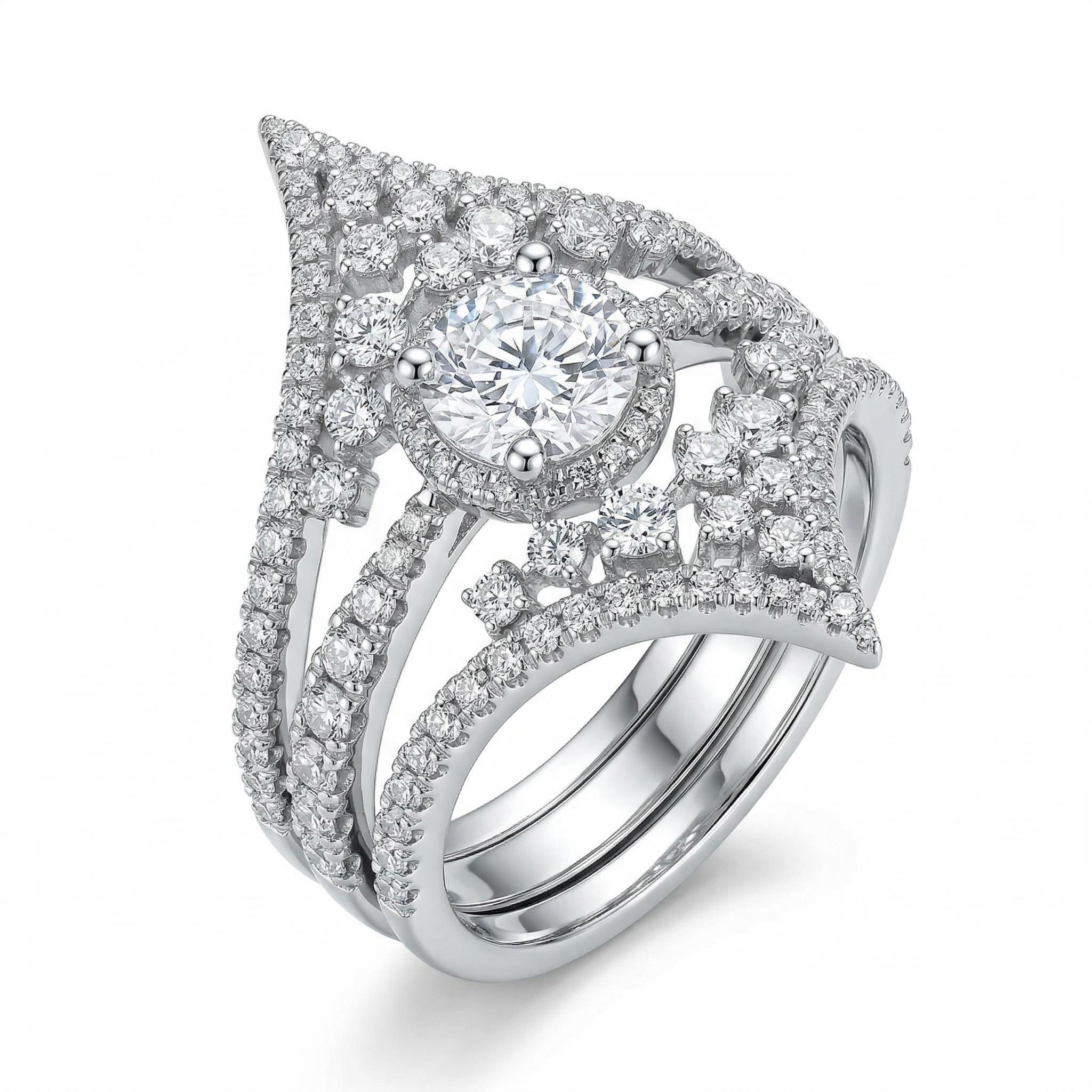 Chic V-Shape Wrapped Round Cut Halo Ring Set in Sterling Silver