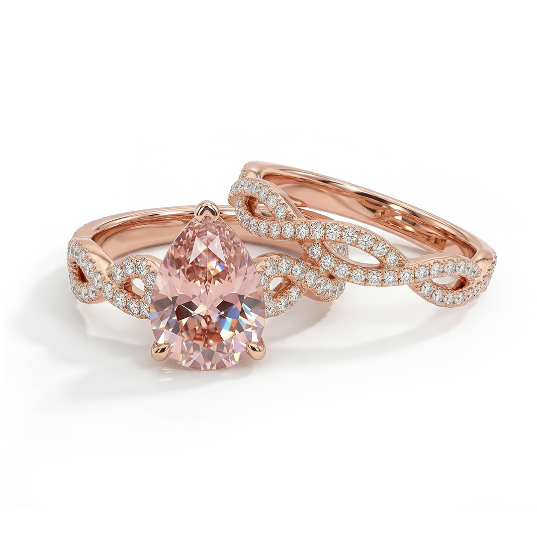 Elegant Morganite Halo Pear Cut S925 Silver Twist Ring Set in 18K Rose Gold Plated