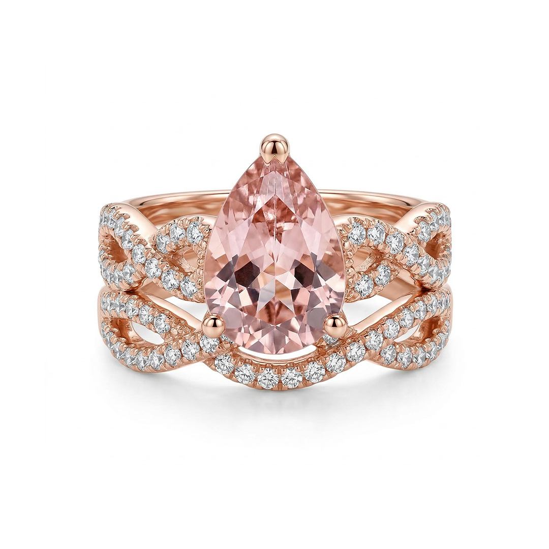 Elegant Morganite Halo Pear Cut S925 Silver Twist Ring Set in 18K Rose Gold Plated