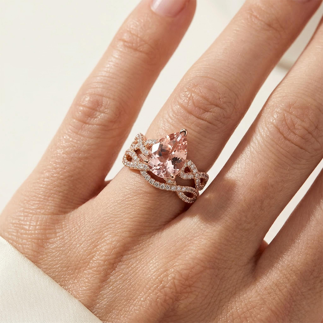 Elegant Morganite Halo Pear Cut S925 Silver Twist Ring Set in 18K Rose Gold Plated