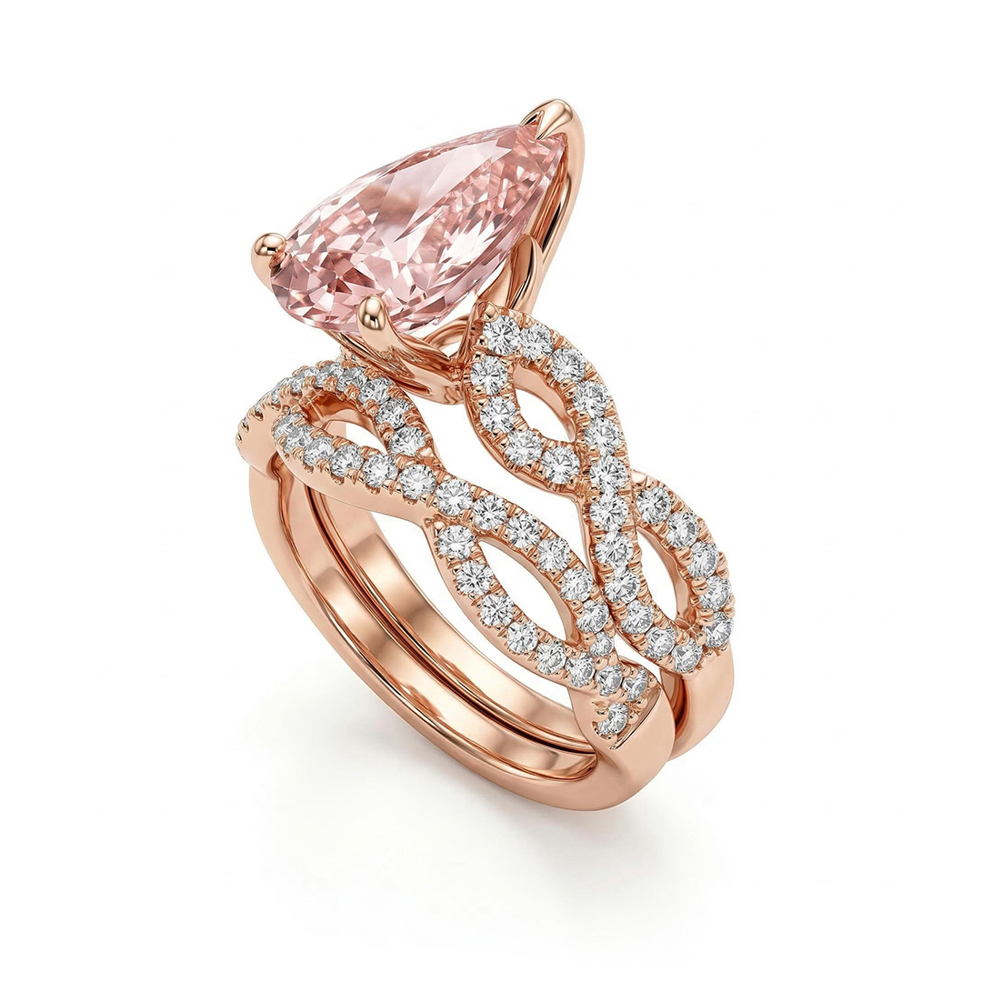 Elegant Morganite Halo Pear Cut S925 Silver Twist Ring Set in 18K Rose Gold Plated