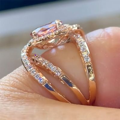 Glittering Waved Oval Cut Engagement Ring in 18K Rose Gold Plated