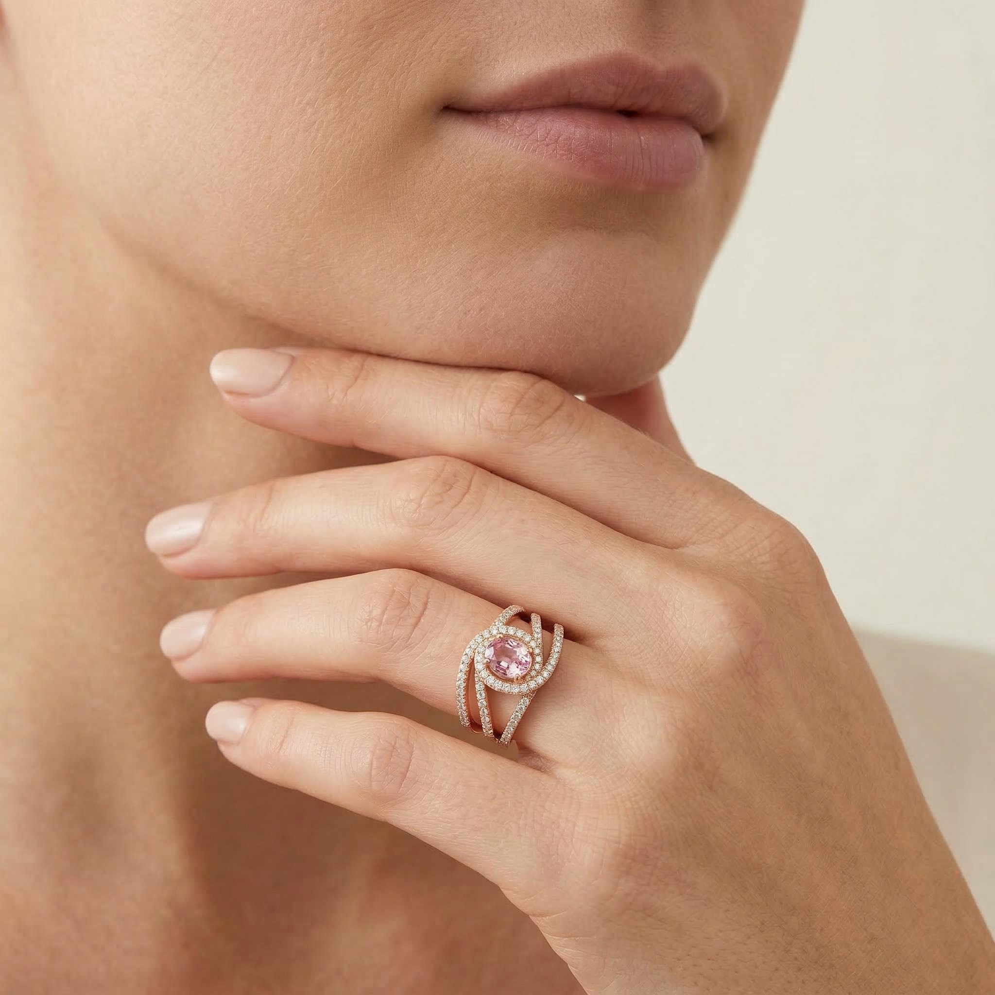 Glittering Waved Oval Cut Engagement Ring in 18K Rose Gold Plated