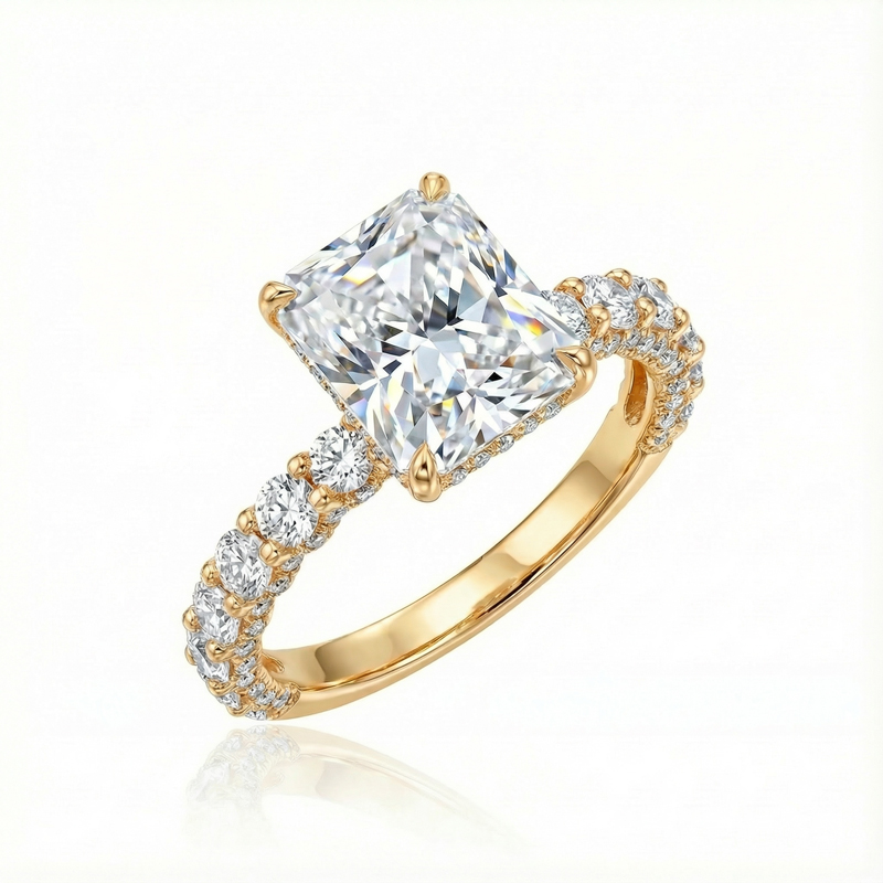 Stunning Radiant Cut Halo Sterling Silver Engagement Ring in 18K Gold Plated