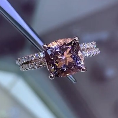 Sparkling Pink Cushion Cut Halo Engagement Ring Set in 18K Rose Gold Plated