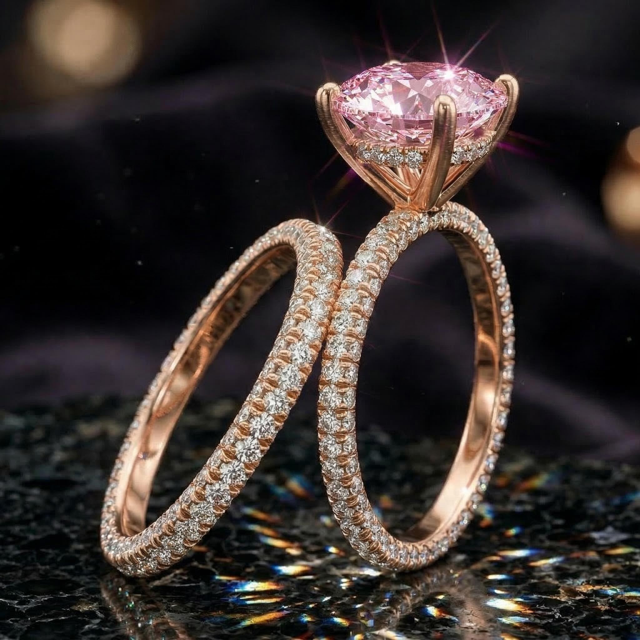 Sparkling Pink Cushion Cut Halo Engagement Ring Set in 18K Rose Gold Plated