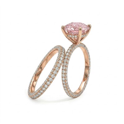 Sparkling Pink Cushion Cut Halo Engagement Ring Set in 18K Rose Gold Plated