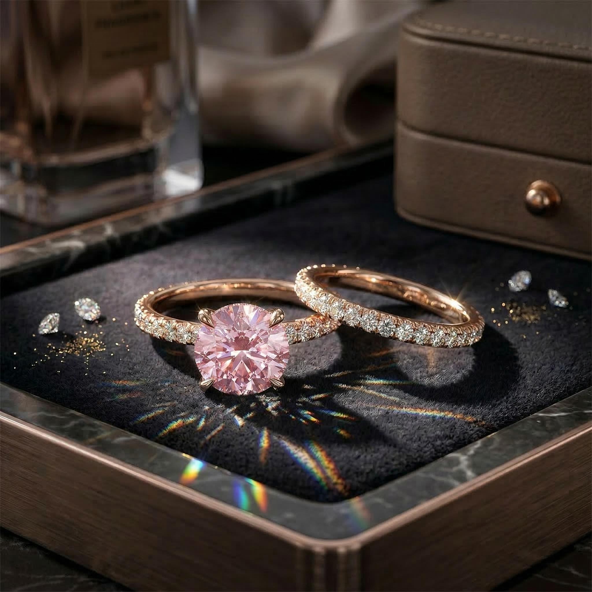 Sparkling Pink Cushion Cut Halo Engagement Ring Set in 18K Rose Gold Plated