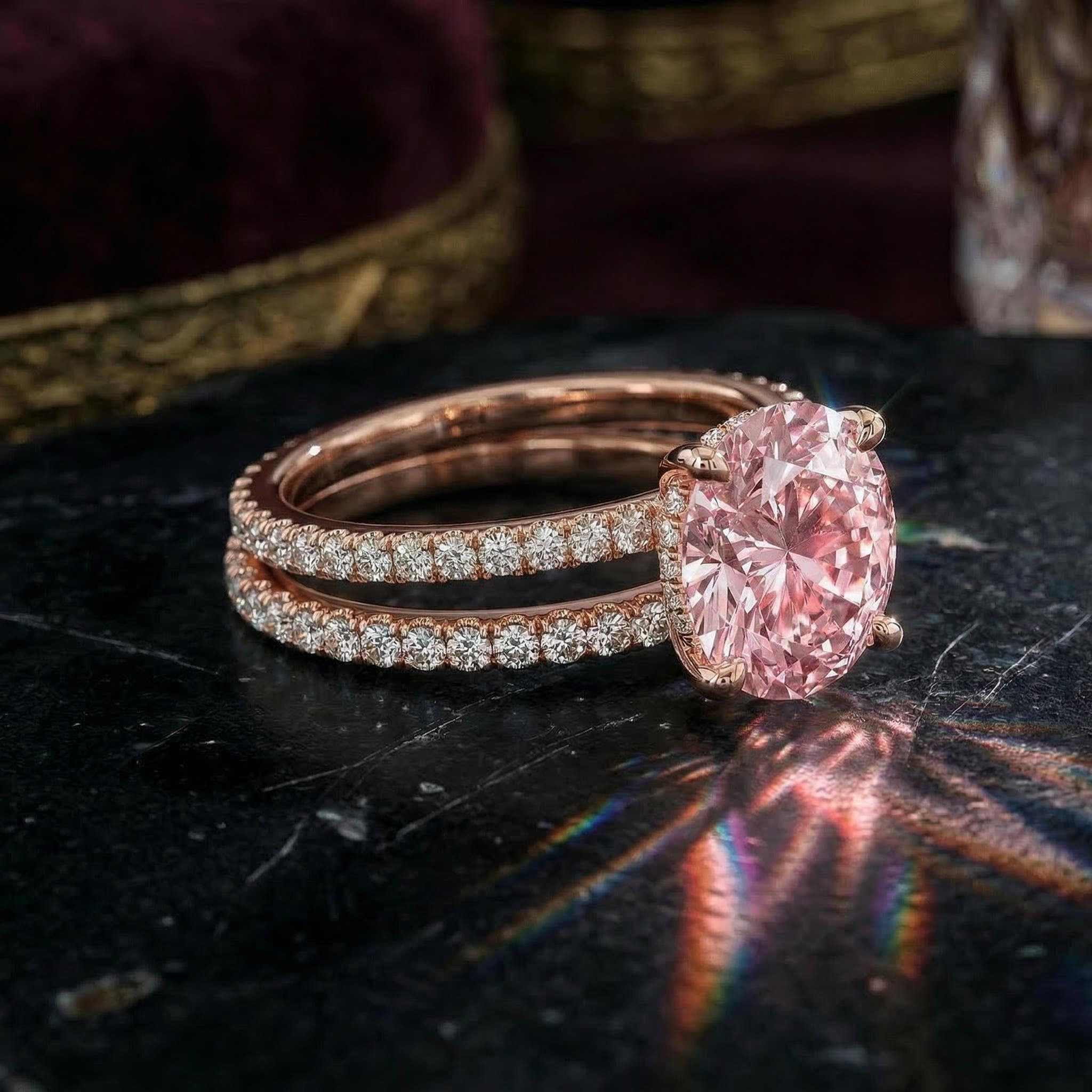 Sparkling Pink Cushion Cut Halo Engagement Ring Set in 18K Rose Gold Plated