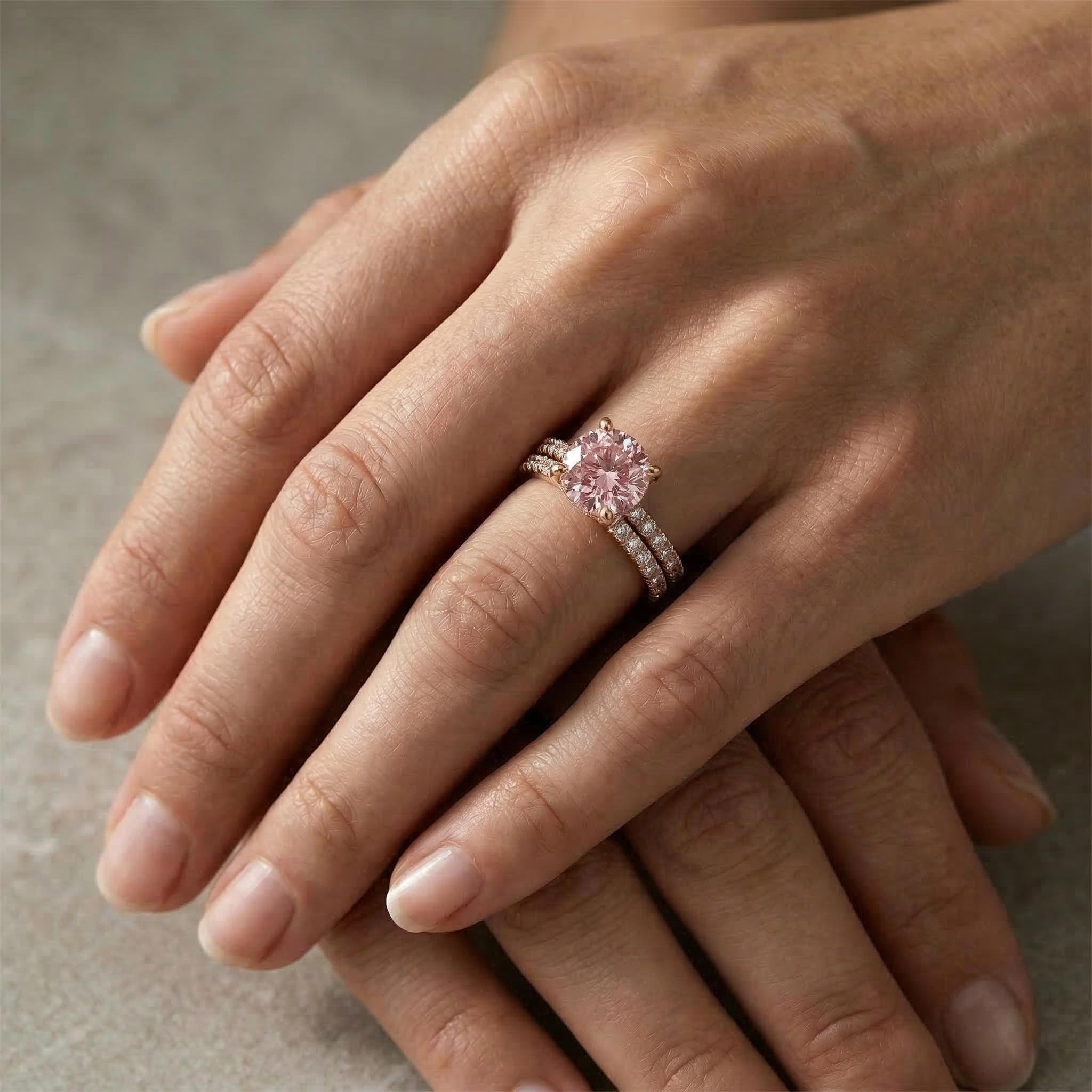 Sparkling Pink Cushion Cut Halo Engagement Ring Set in 18K Rose Gold Plated