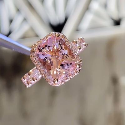 Dazzling Morganite Halo Cushion Cut Engagement Ring in 18K Rose Gold Plated