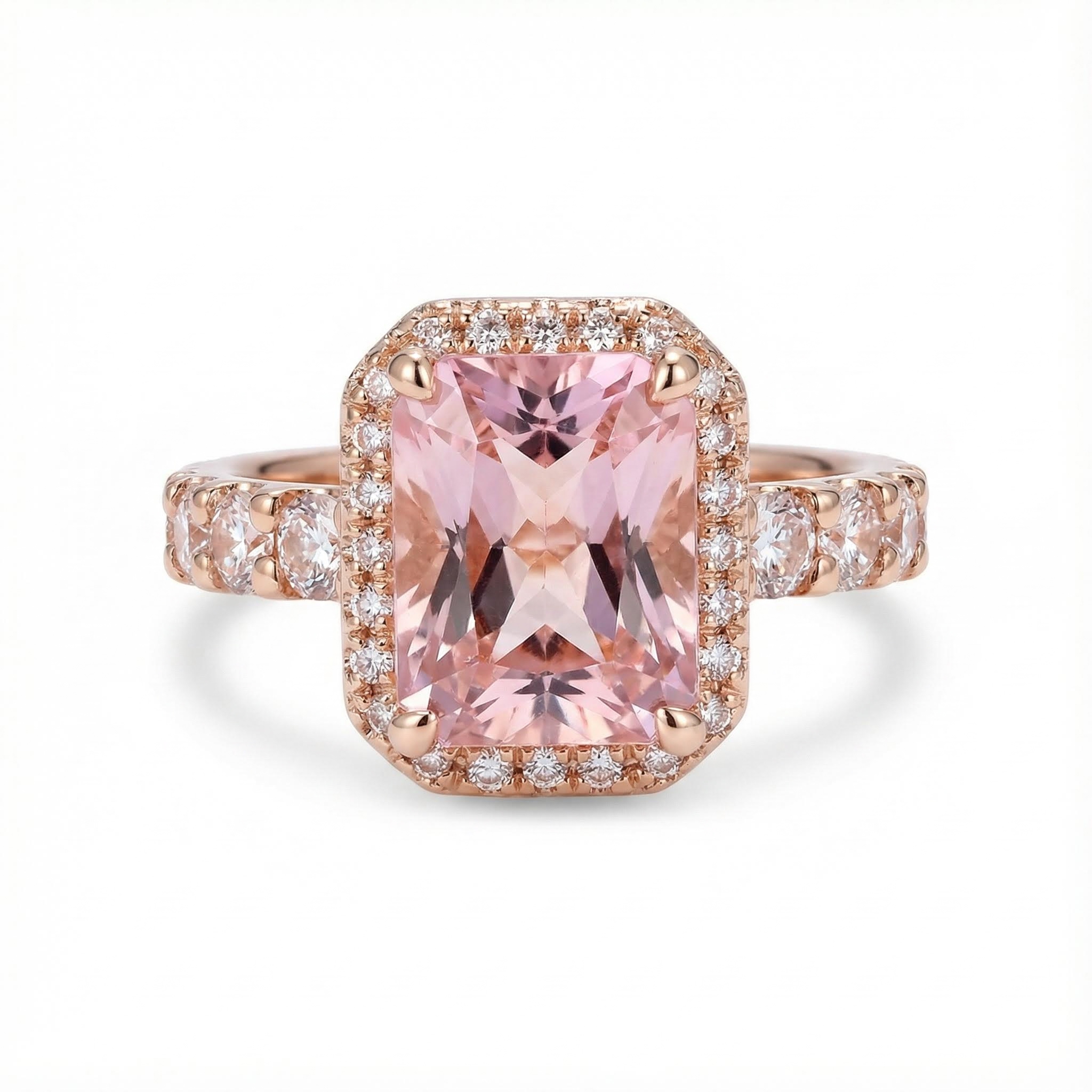 Dazzling Morganite Halo Cushion Cut Engagement Ring in 18K Rose Gold Plated