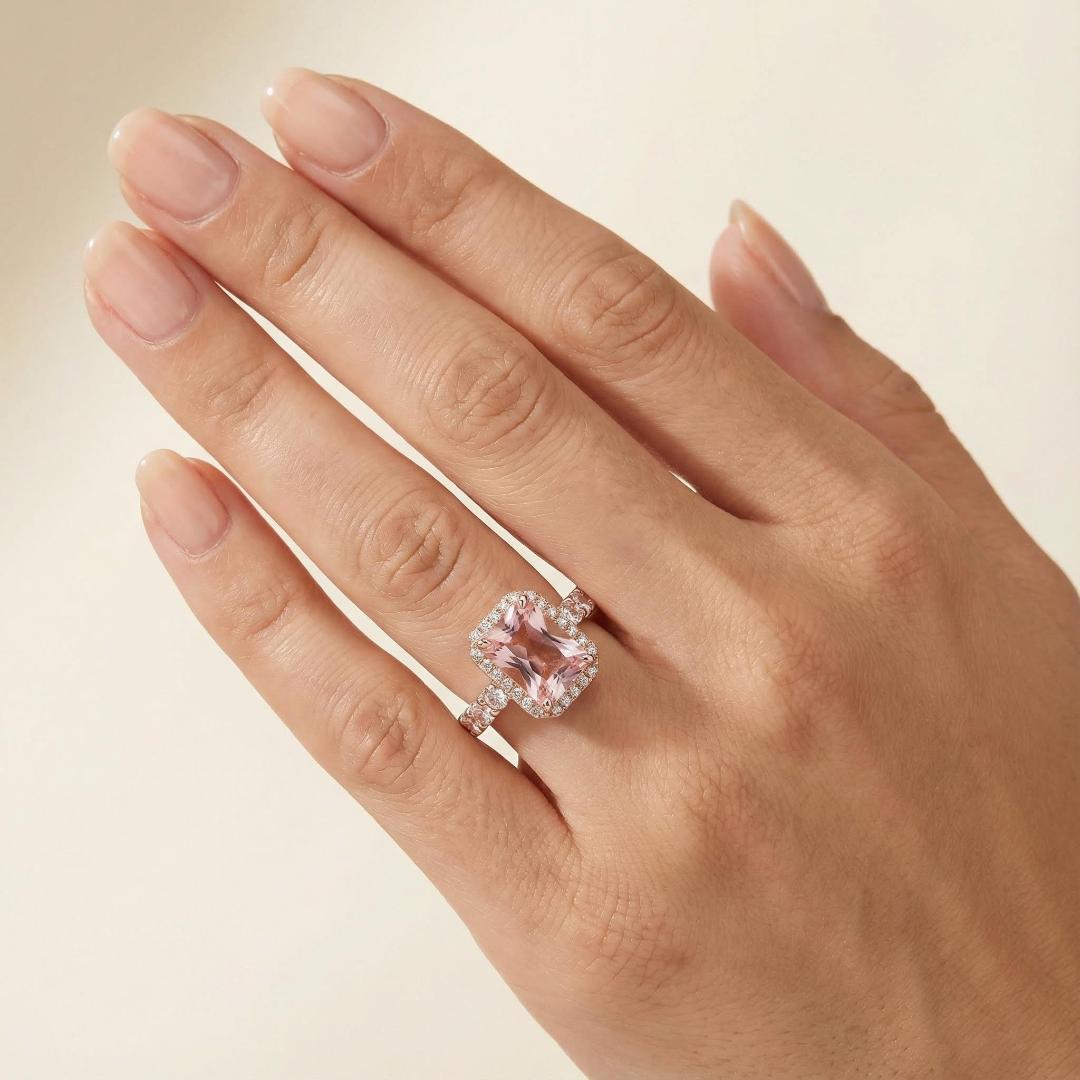 Dazzling Morganite Halo Cushion Cut Engagement Ring in 18K Rose Gold Plated