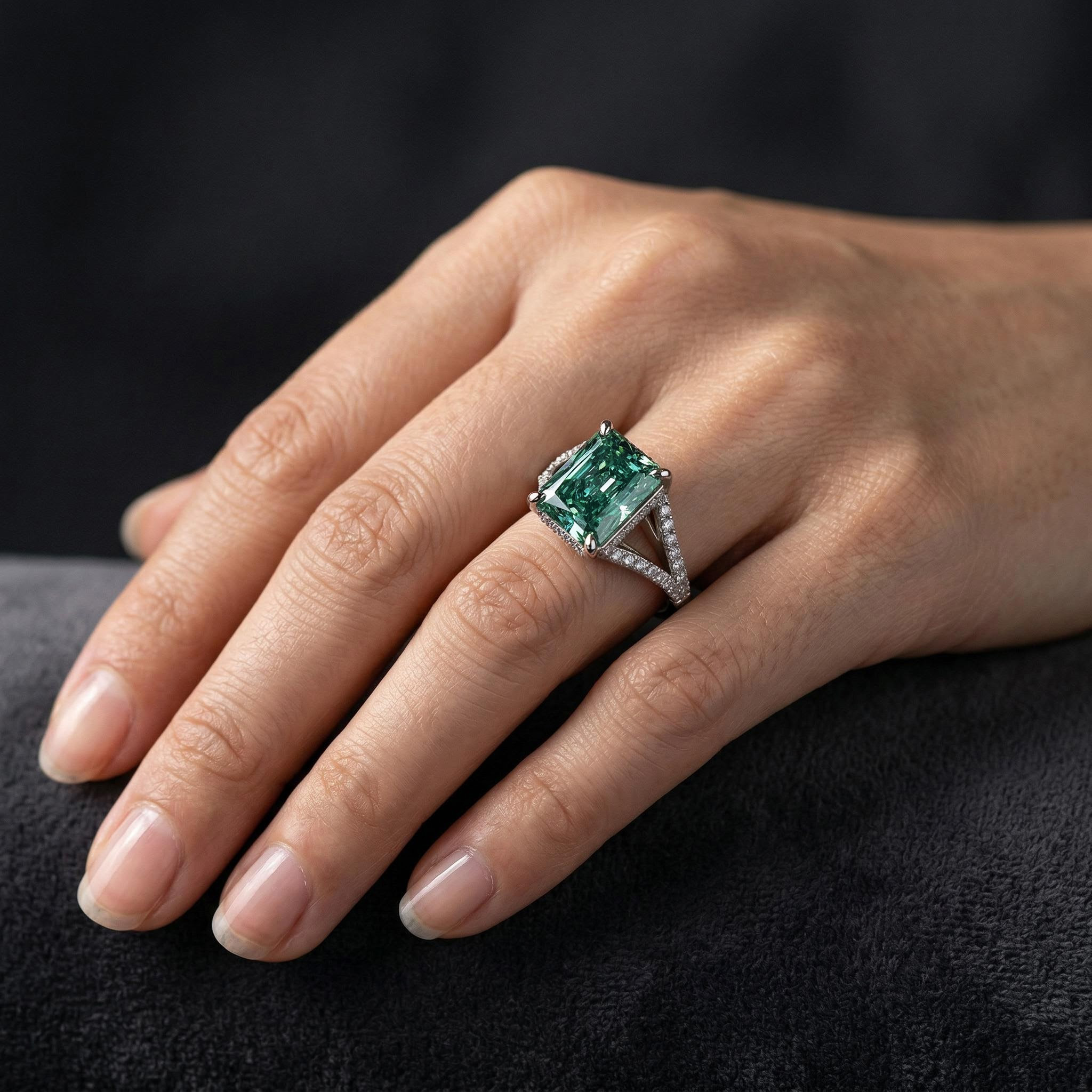 9Ct Fancy Blue Green Radiant Cut Sterling Silver Engagement Ring