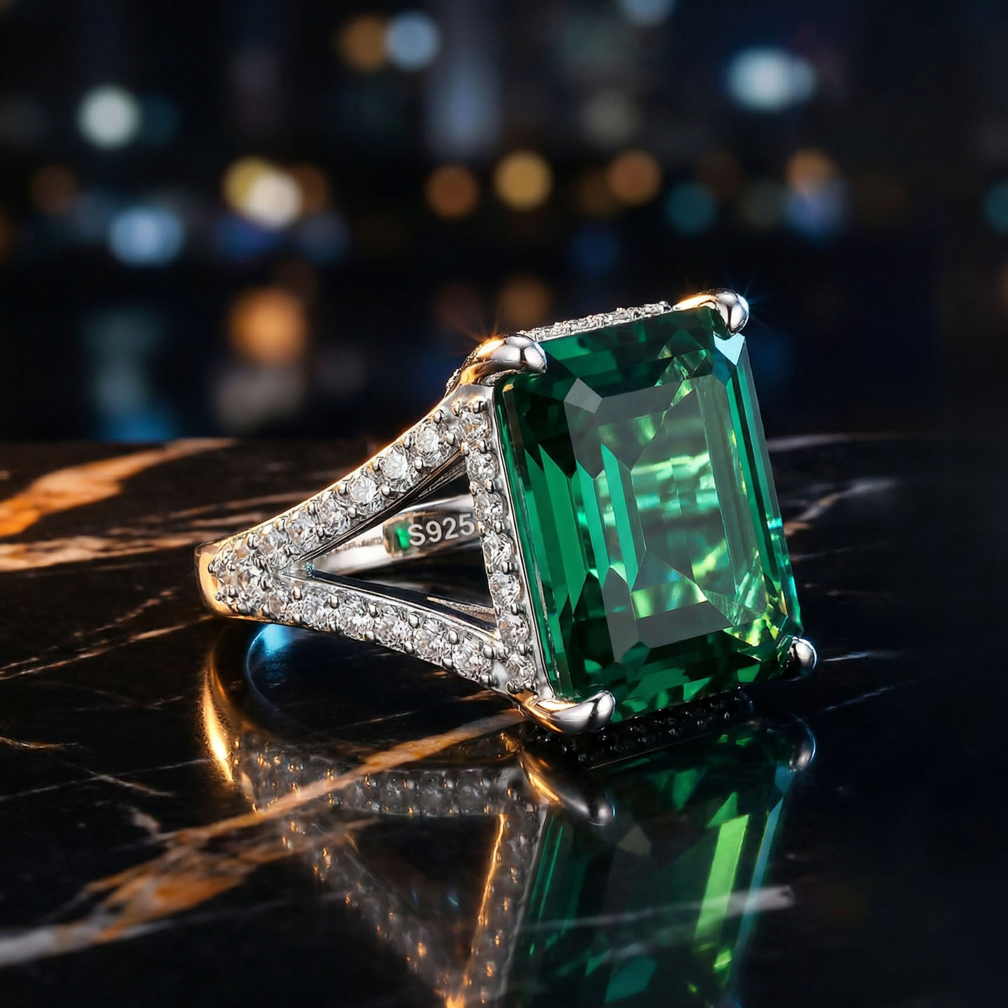 9Ct Fancy Blue Green Radiant Cut Sterling Silver Engagement Ring