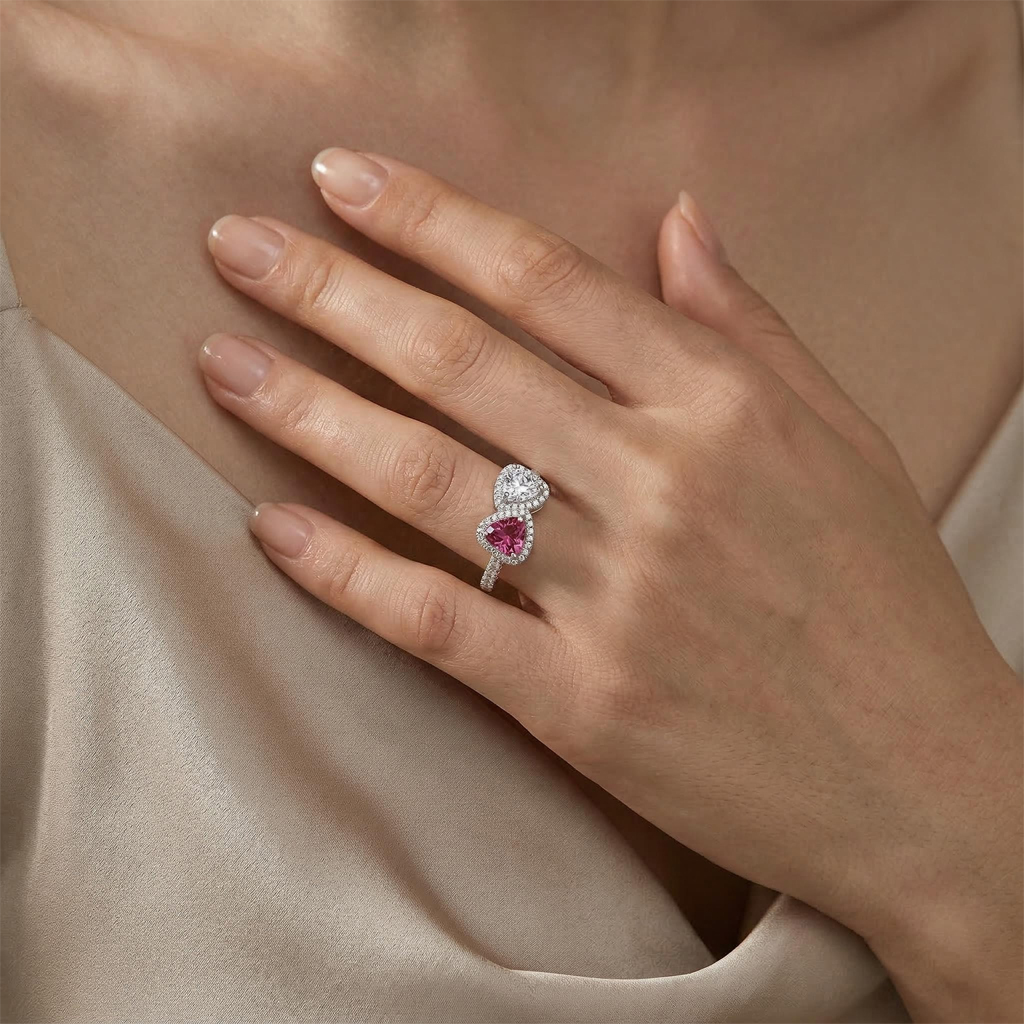 Double Heart Halo Sterling Silver Engagement Ring