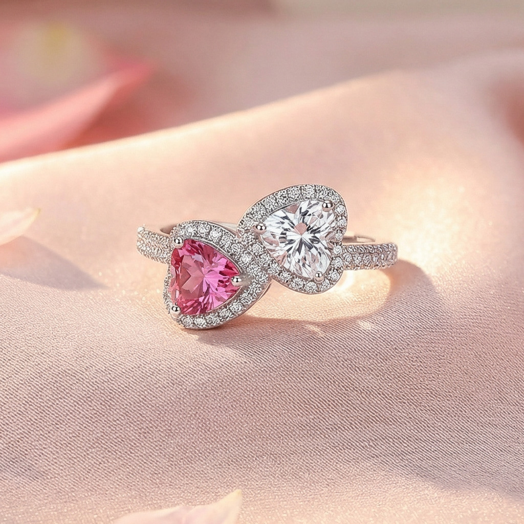 Double Heart Halo Sterling Silver Engagement Ring