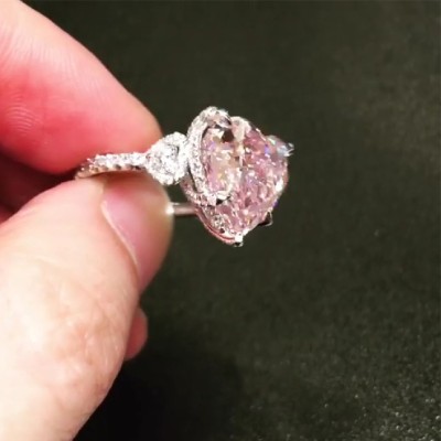 Romantic Pink Heart Cut Halo Sterling Siver Engagement Ring