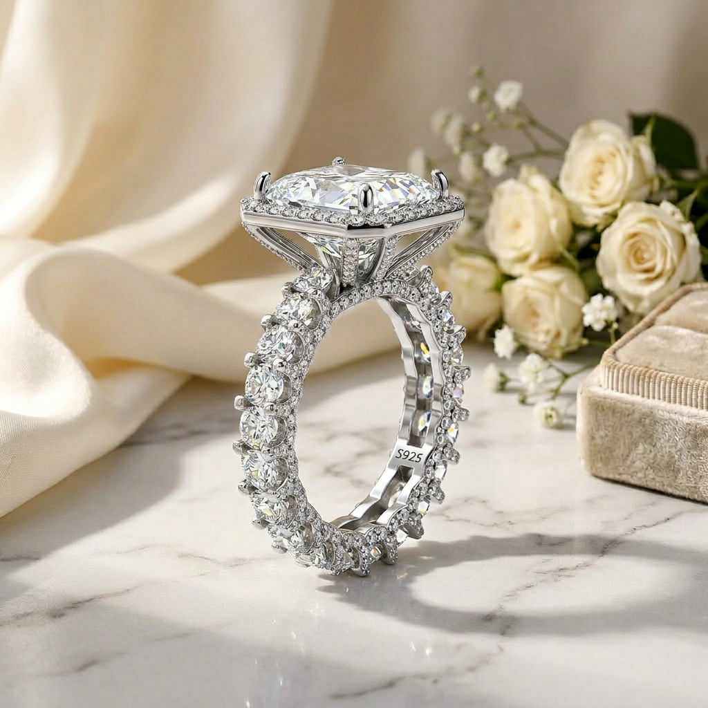 Stunning Halo Radiant Cut Engagement Ring in 925 Sterling Silver