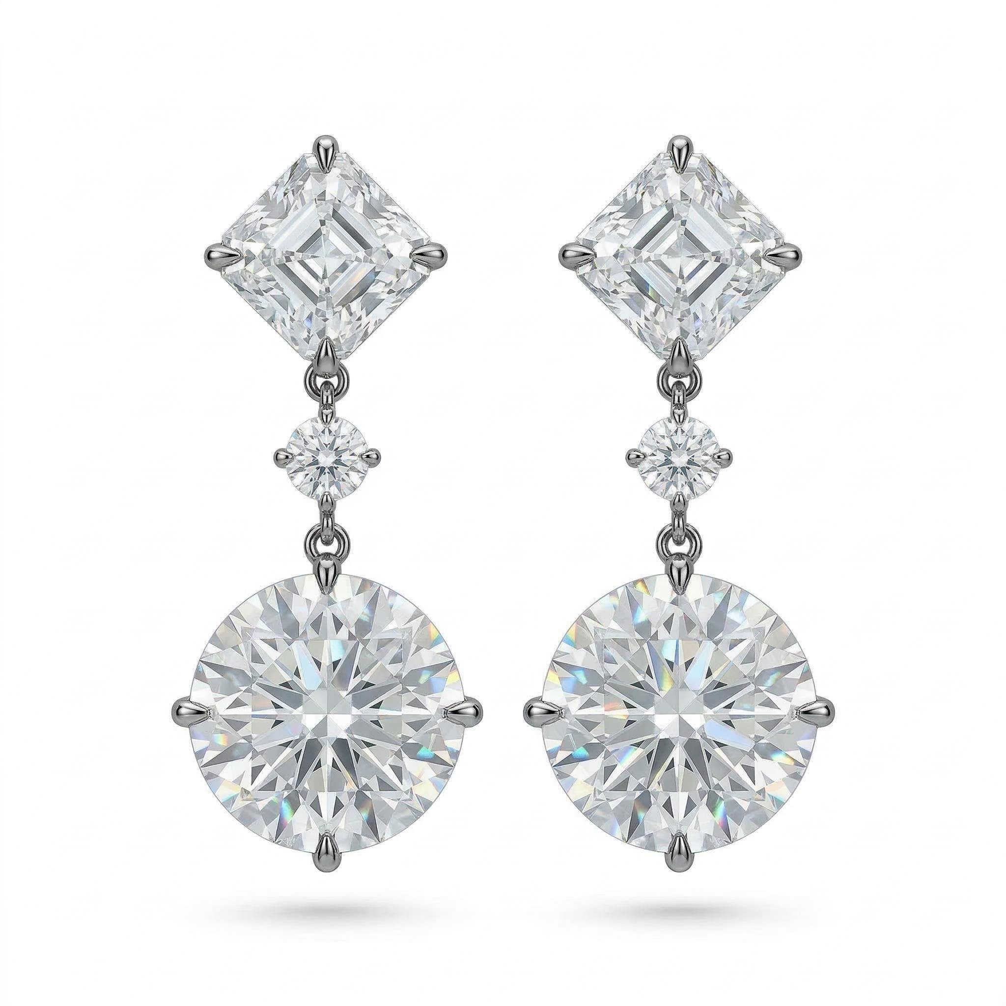 Graceful Asscher Cut & Round Cut Drop Earring