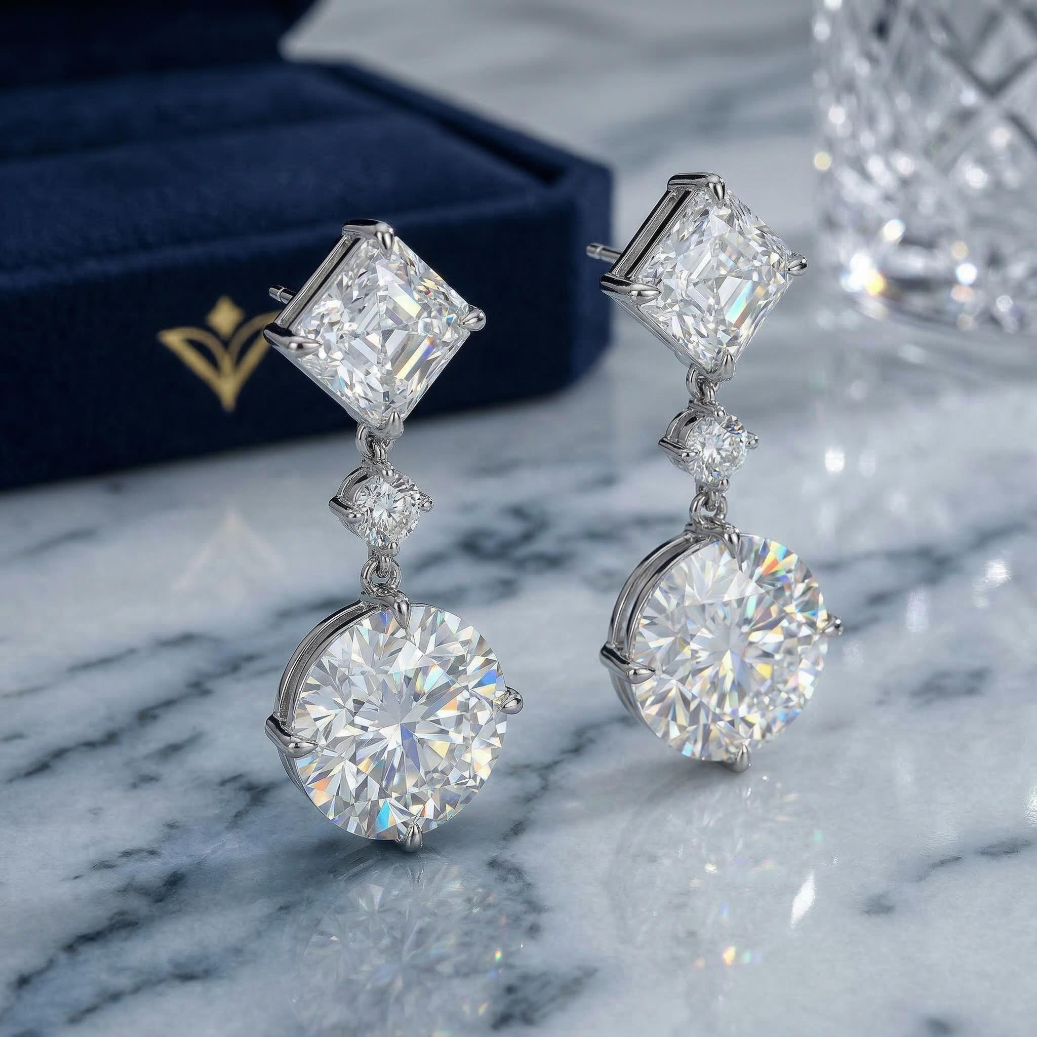 Graceful Asscher Cut & Round Cut Drop Earring