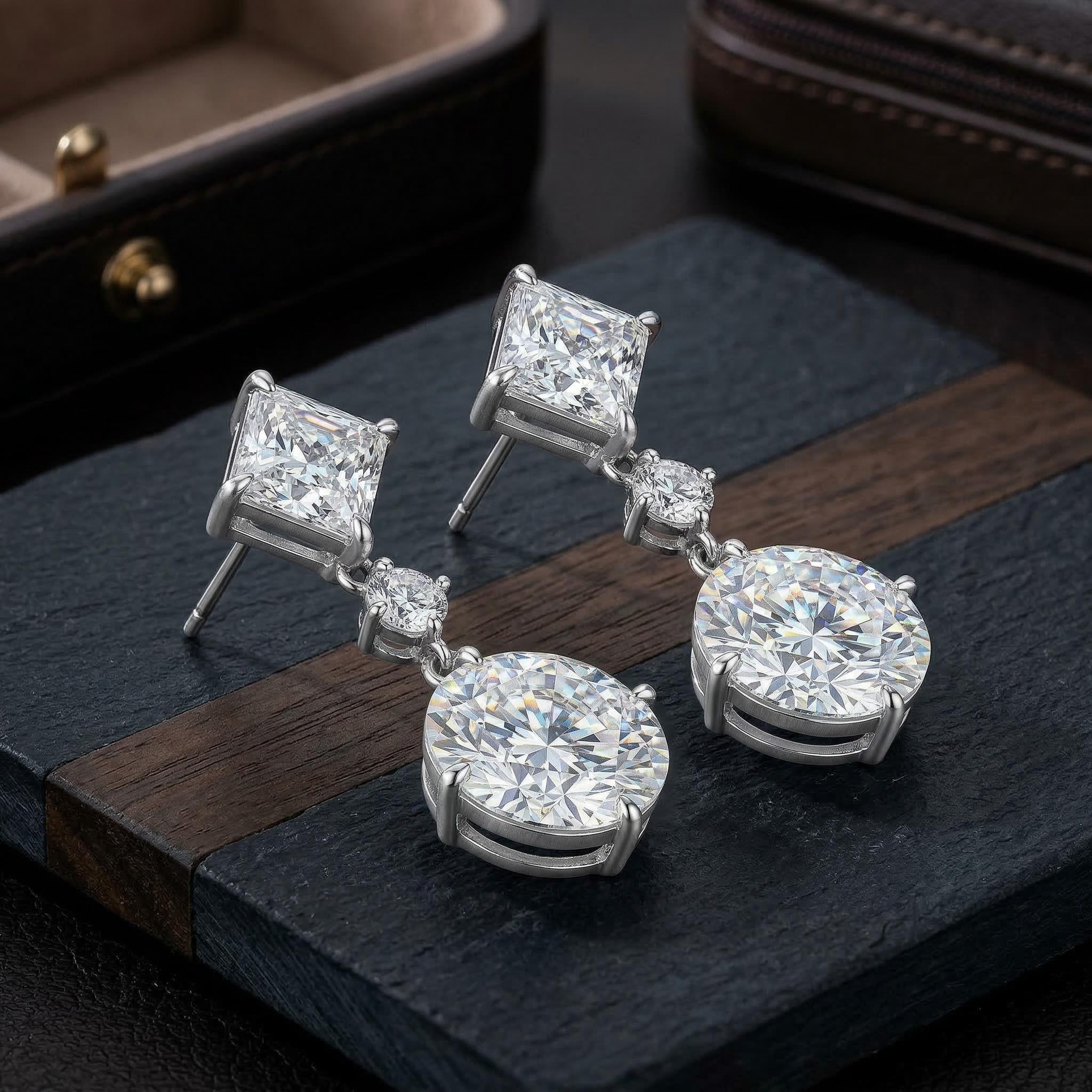 Graceful Asscher Cut & Round Cut Drop Earring