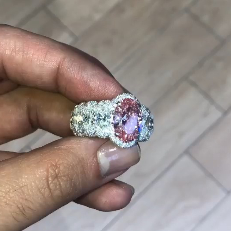 5Ct Pink Oval Cut Diamond Encrusted Ring
