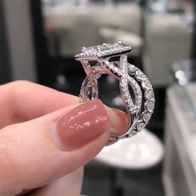 Elegant Princess Cut Halo Wedding 925 Sterling Silver Ring Set