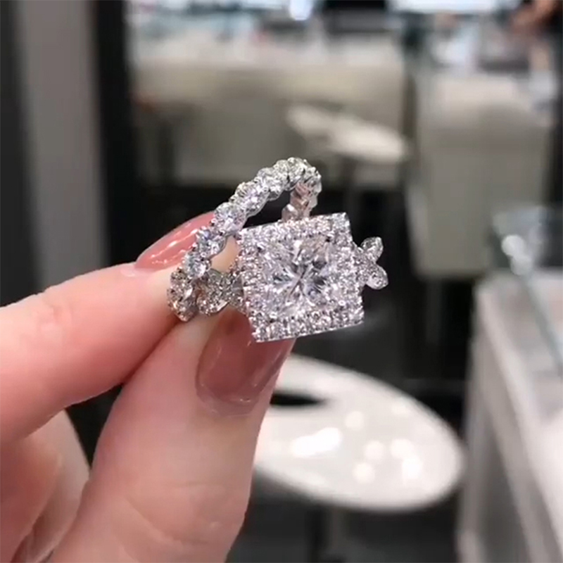 Elegant Princess Cut Halo Wedding 925 Sterling Silver Ring Set