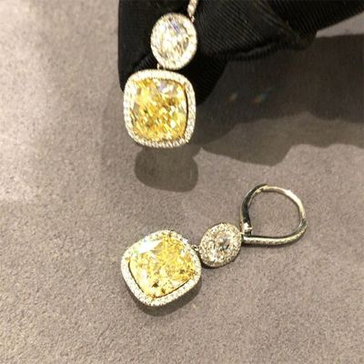 White Round Cut & Fancy Yellow Cushion Cut Halo Earring in Sterling Silver