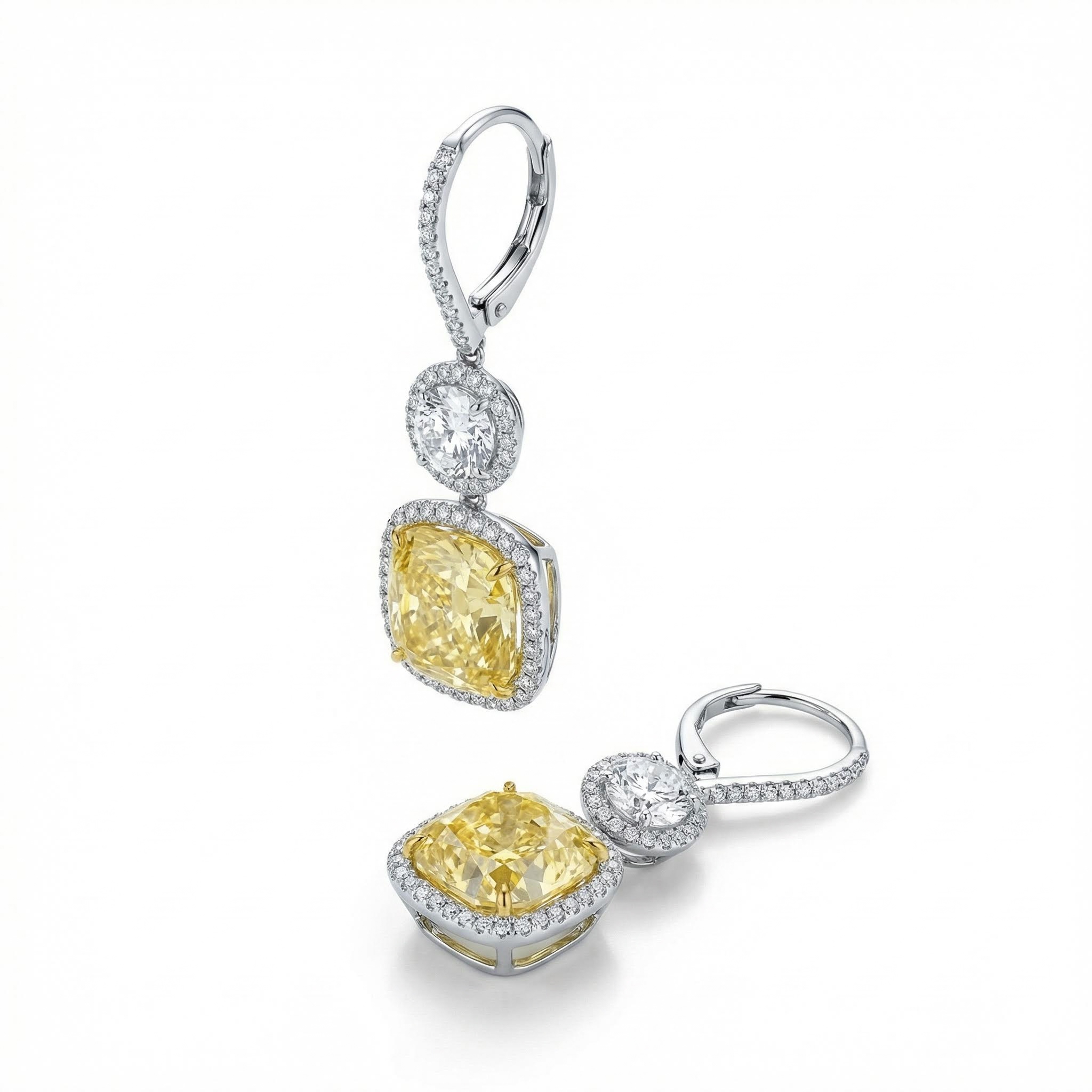 White Round Cut & Fancy Yellow Cushion Cut Halo Earring in Sterling Silver